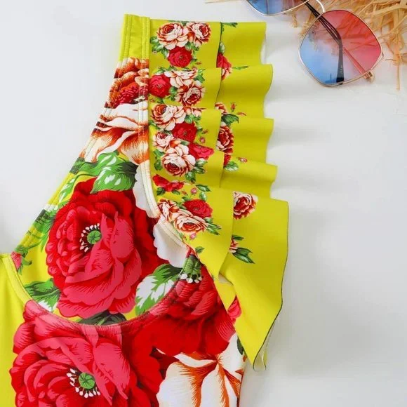 Callie Chartreuse: Red Peony Floral Print Ruffle Cap Sleeve Retro Swimsuit - Picture 13 of 17